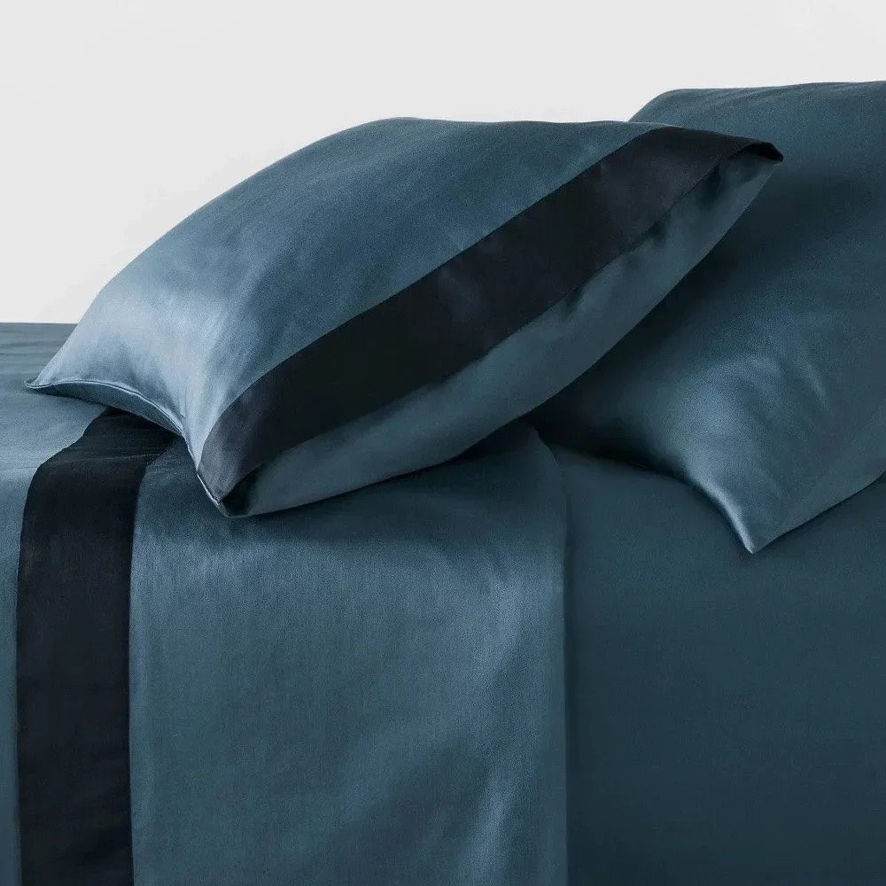 Threshold Studio McGee Twin XL 300 TC Contrast Border Sheet Set Blue New